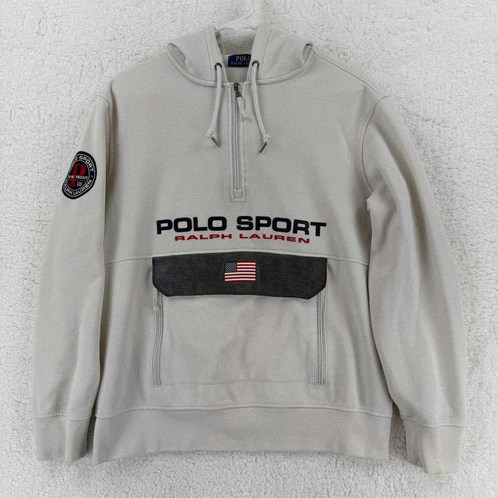 Polo Ralph Lauren Pullover Hoodie Mens Medium Gray Polo Sport 12M Yacht Flag USA